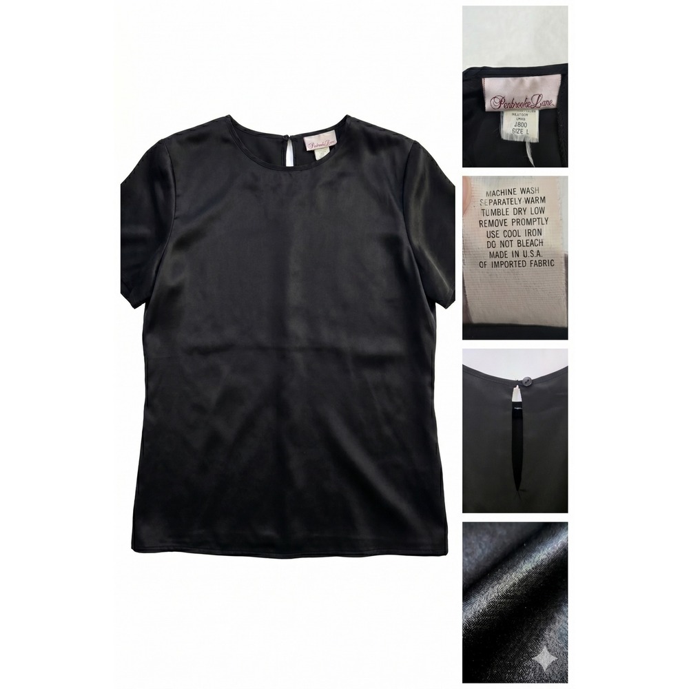 VTG Penbrooke Lane Blouse Womens Large Black Short Sleeve Keyhole Back USA Made
